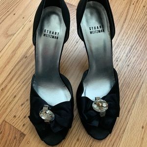 Stuart Weitzman Black Satin Jeweled Peep Toe Pumps 38.5